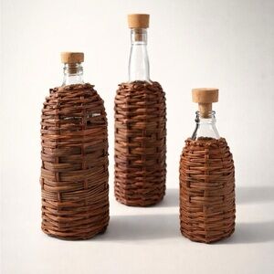 VINTAGE DECORATIVE BOTTLES ENCASED IN WOVEN RATTAN/WICKER SET/3 RUSTIC ITALIAN